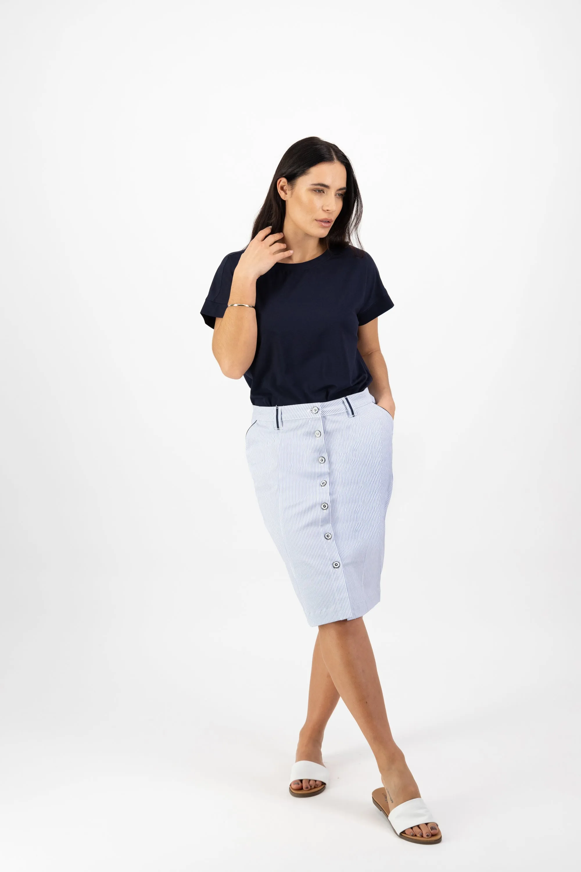 Vassalli Knee Length Skirt with contrast buttons and trim