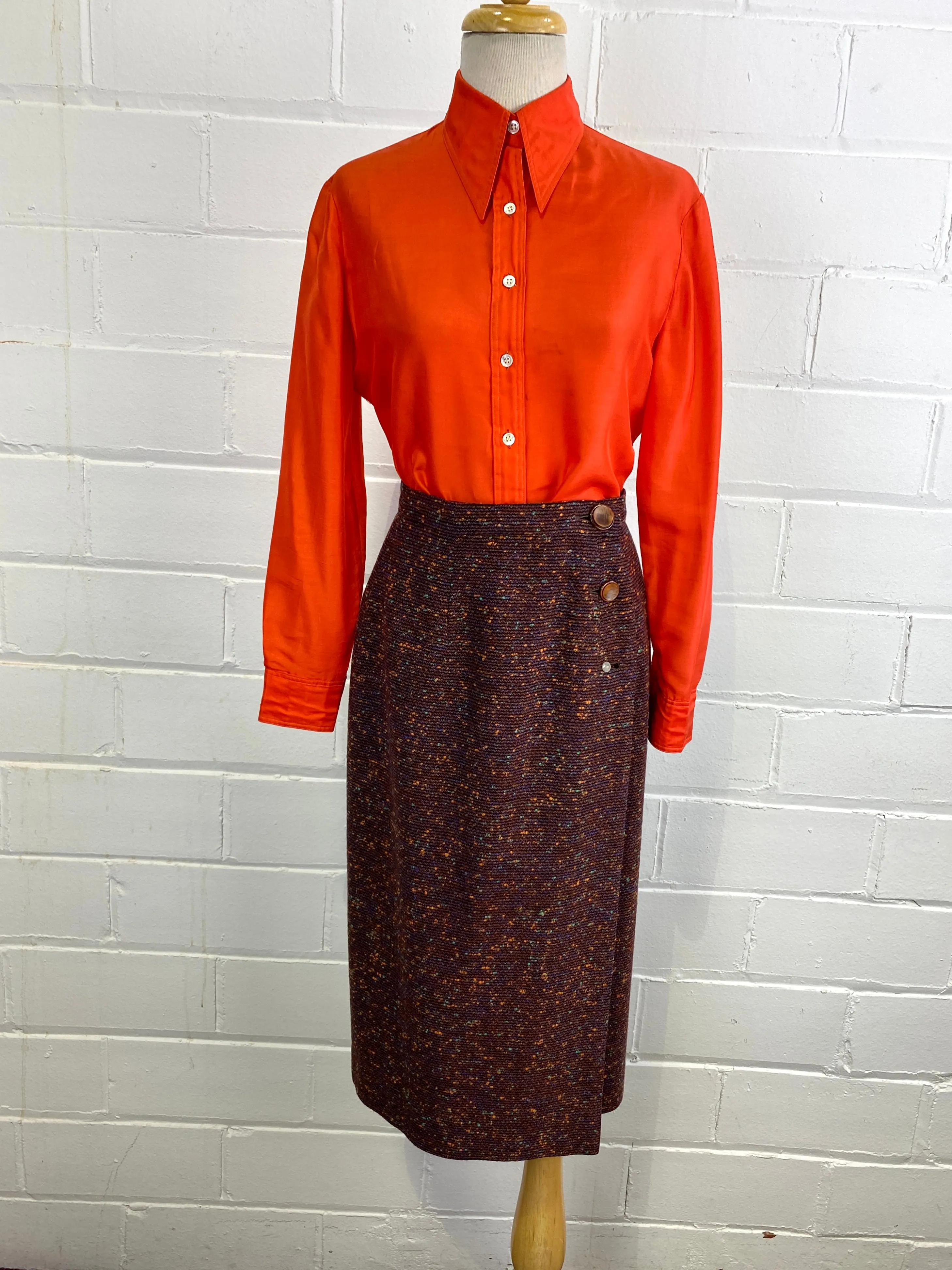 Vintage 1950s Brown Bouclé Wool Pencil Skirt,  Blue and Orange Flecks, 25W