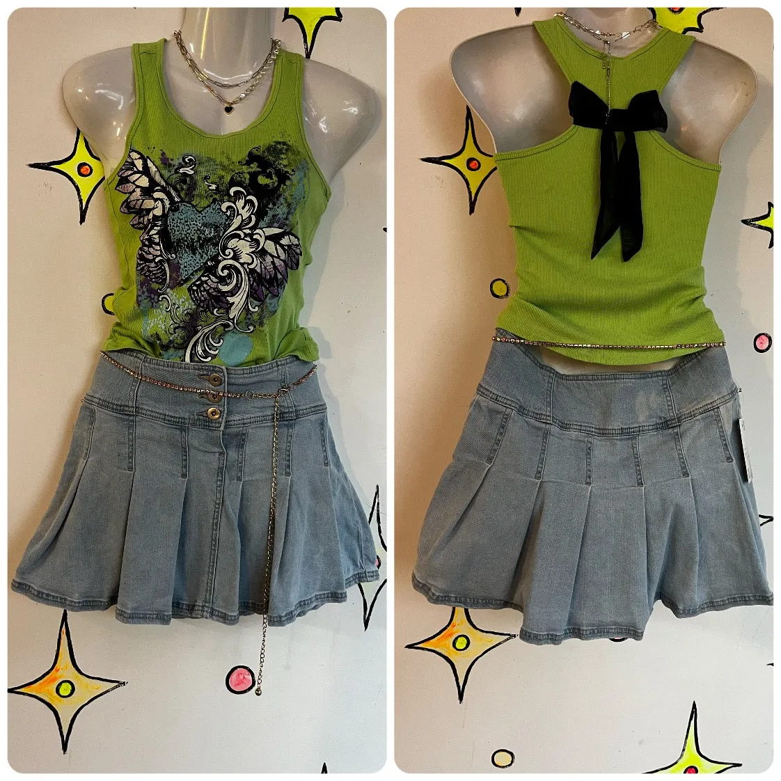 Vintage 90s Y2K Pleated Y2K Fairy Grunge Coquette Low Rise Denim Mini Skirt M