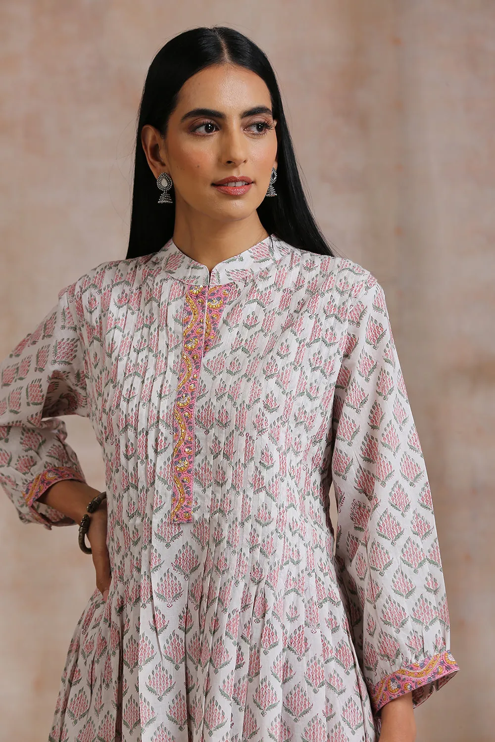 White Cotton Printed & Pleated Tunic Top