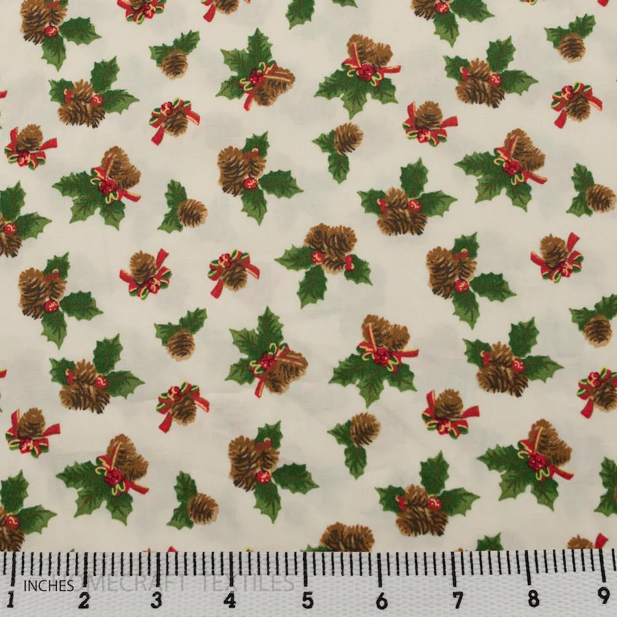 White Festive Pinecones Cotton Print