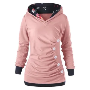 Women pullover button long sleeve flower printed hoodie sweatshirt