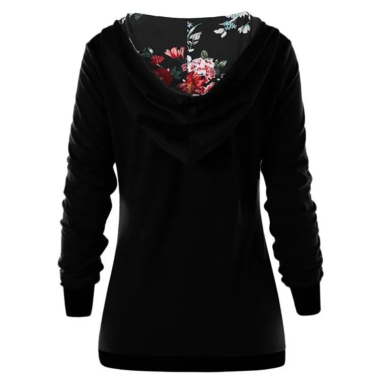 Women pullover button long sleeve flower printed hoodie sweatshirt