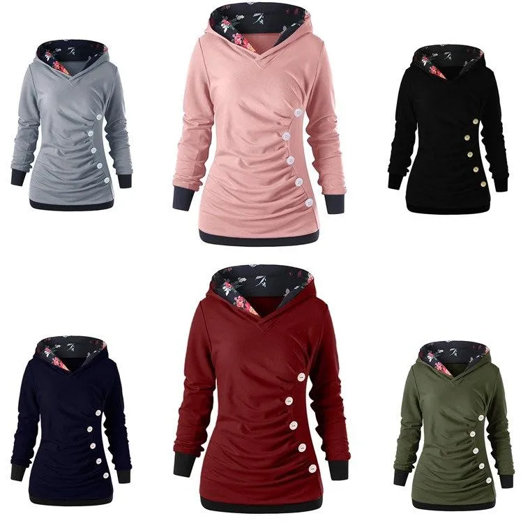 Women pullover button long sleeve flower printed hoodie sweatshirt