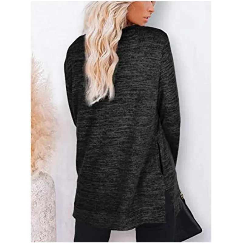 Women solid color mid-long slit hem pullover crewneck sweatshirt