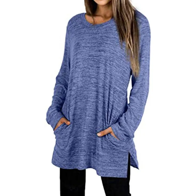 Women solid color mid-long slit hem pullover crewneck sweatshirt