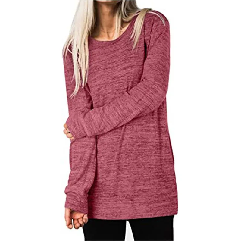 Women solid color mid-long slit hem pullover crewneck sweatshirt