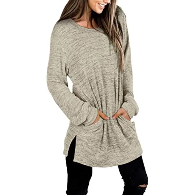 Women solid color mid-long slit hem pullover crewneck sweatshirt