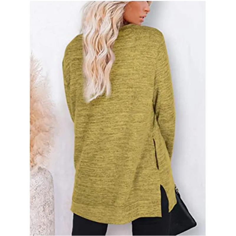 Women solid color mid-long slit hem pullover crewneck sweatshirt