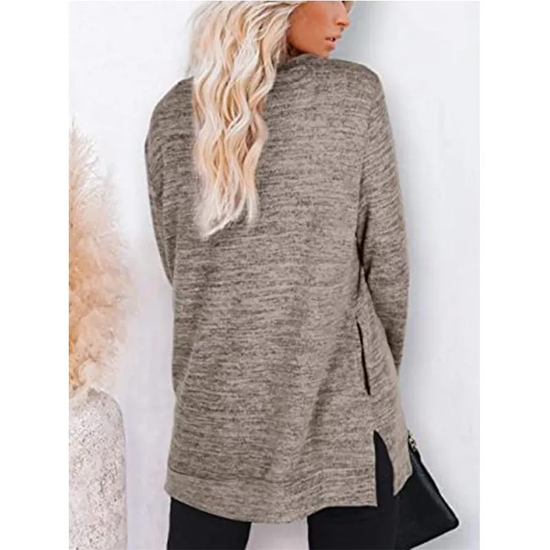 Women solid color mid-long slit hem pullover crewneck sweatshirt