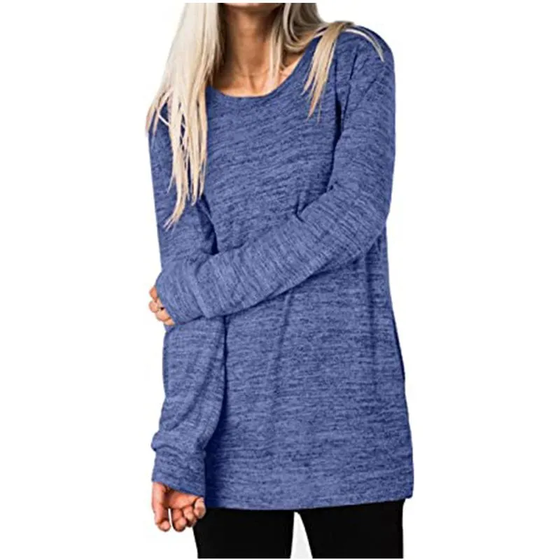 Women solid color mid-long slit hem pullover crewneck sweatshirt