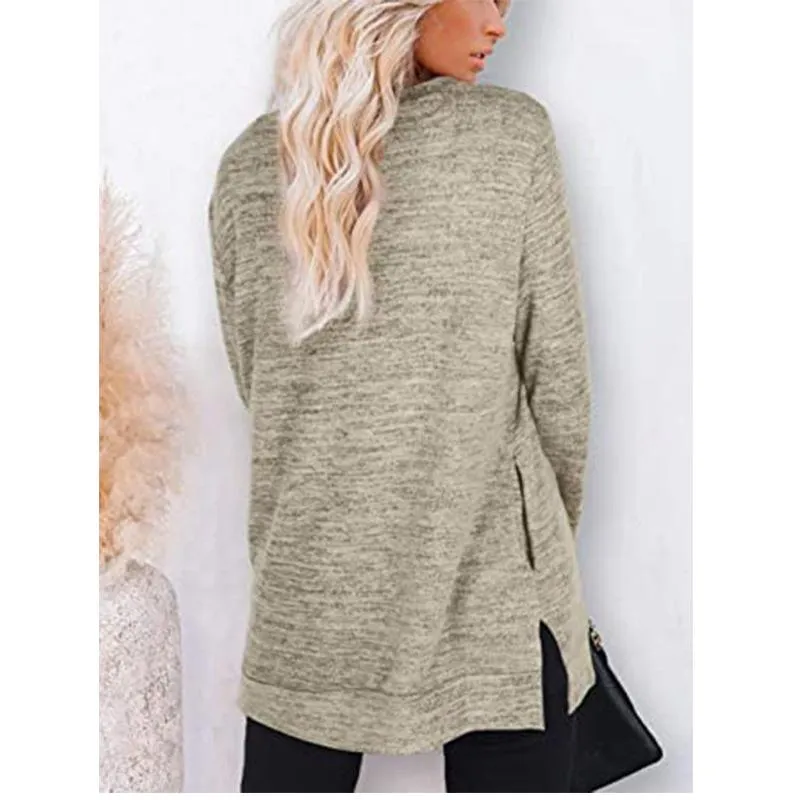 Women solid color mid-long slit hem pullover crewneck sweatshirt