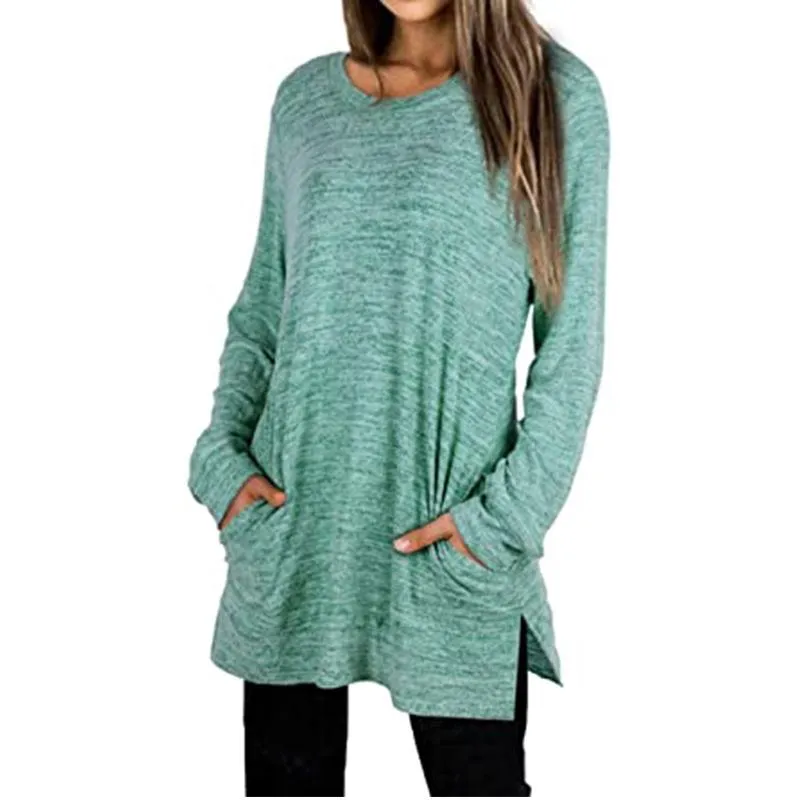 Women solid color mid-long slit hem pullover crewneck sweatshirt