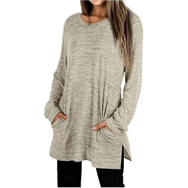 Women solid color mid-long slit hem pullover crewneck sweatshirt