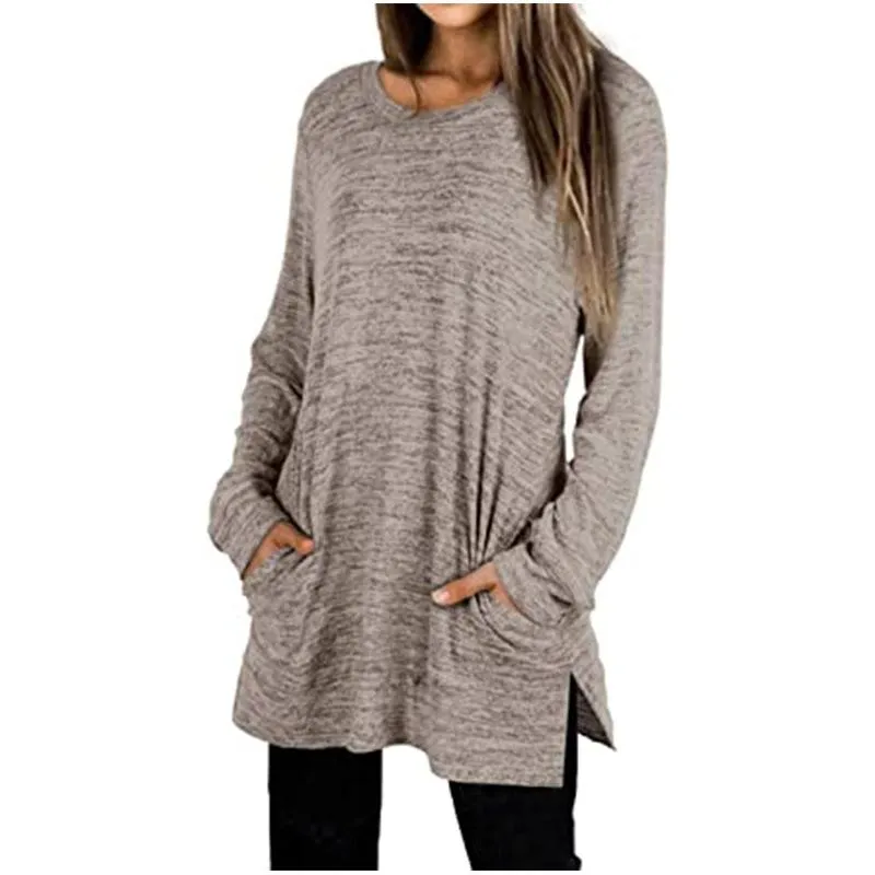 Women solid color mid-long slit hem pullover crewneck sweatshirt