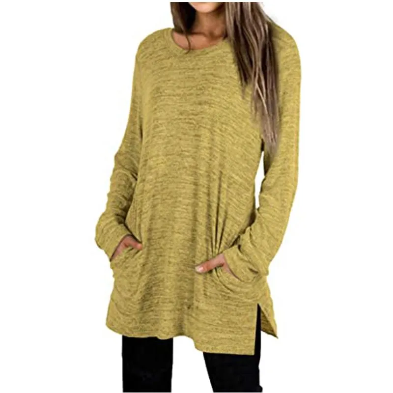 Women solid color mid-long slit hem pullover crewneck sweatshirt