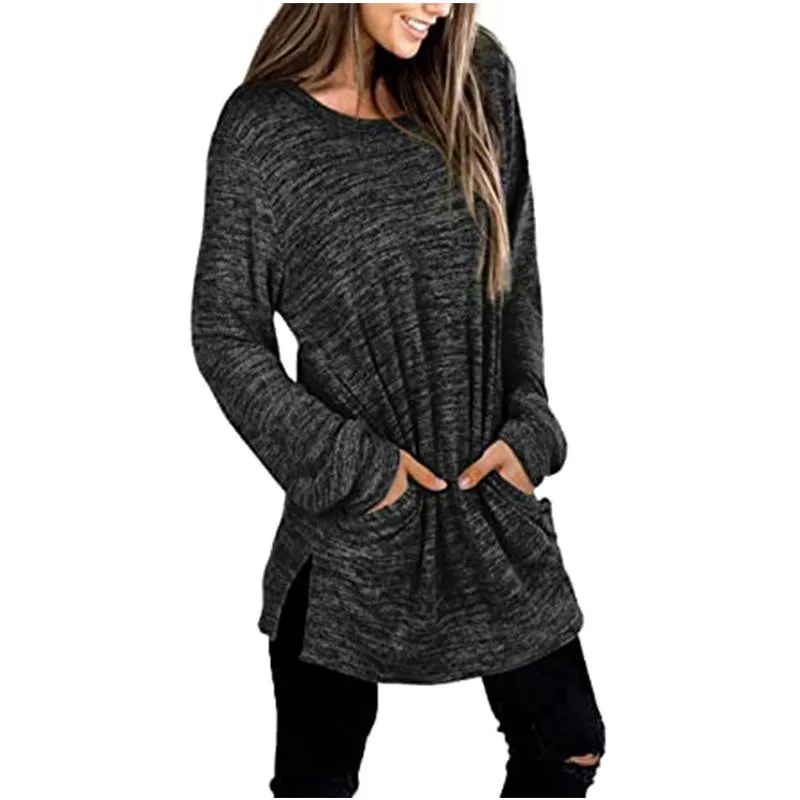 Women solid color mid-long slit hem pullover crewneck sweatshirt