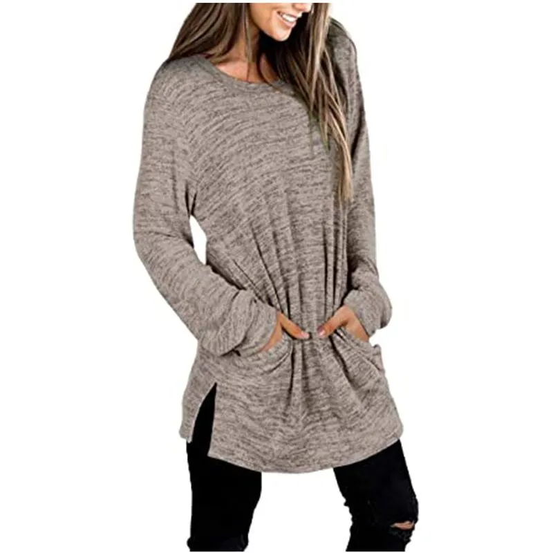 Women solid color mid-long slit hem pullover crewneck sweatshirt