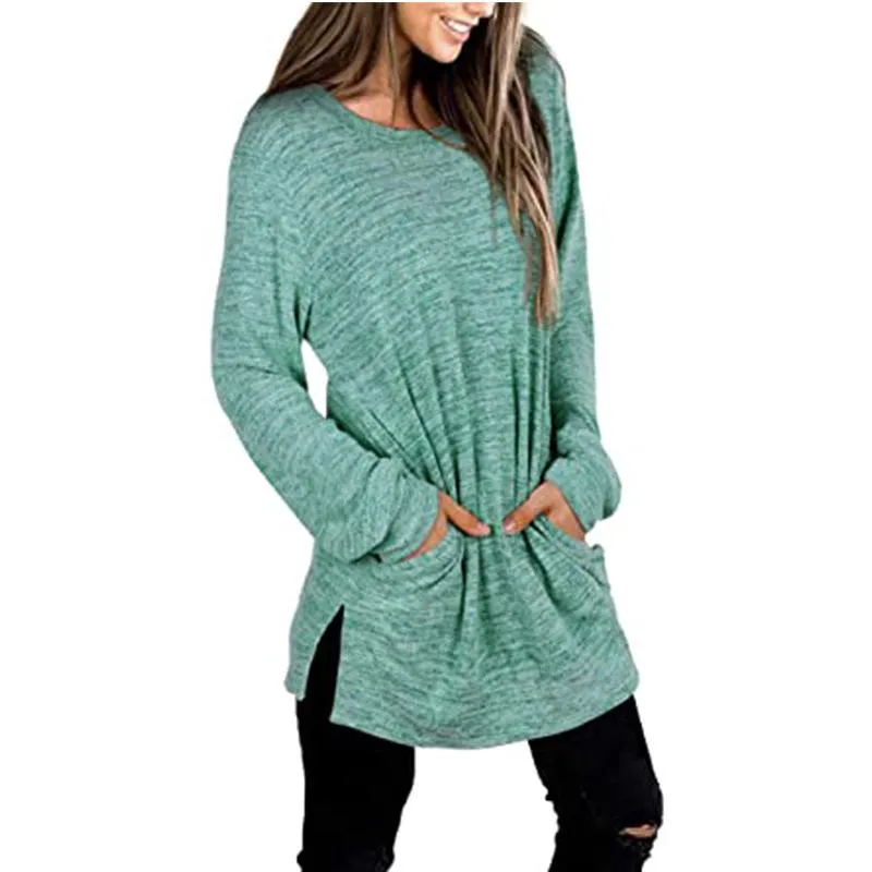 Women solid color mid-long slit hem pullover crewneck sweatshirt