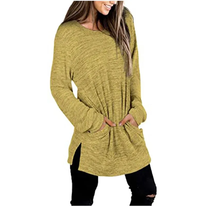 Women solid color mid-long slit hem pullover crewneck sweatshirt