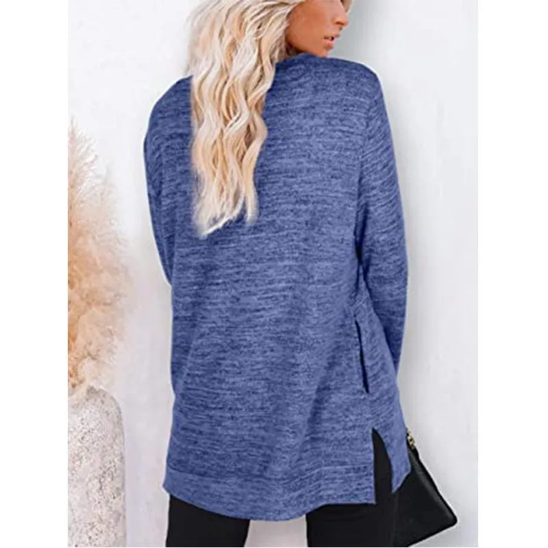 Women solid color mid-long slit hem pullover crewneck sweatshirt