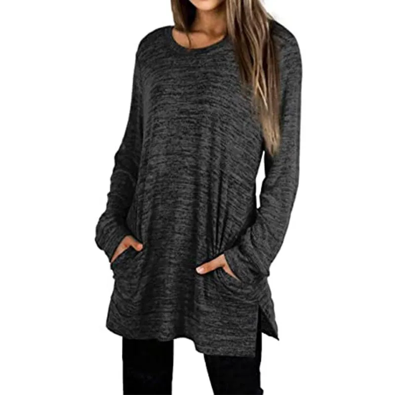 Women solid color mid-long slit hem pullover crewneck sweatshirt