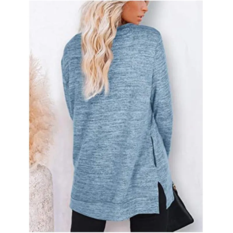 Women solid color mid-long slit hem pullover crewneck sweatshirt