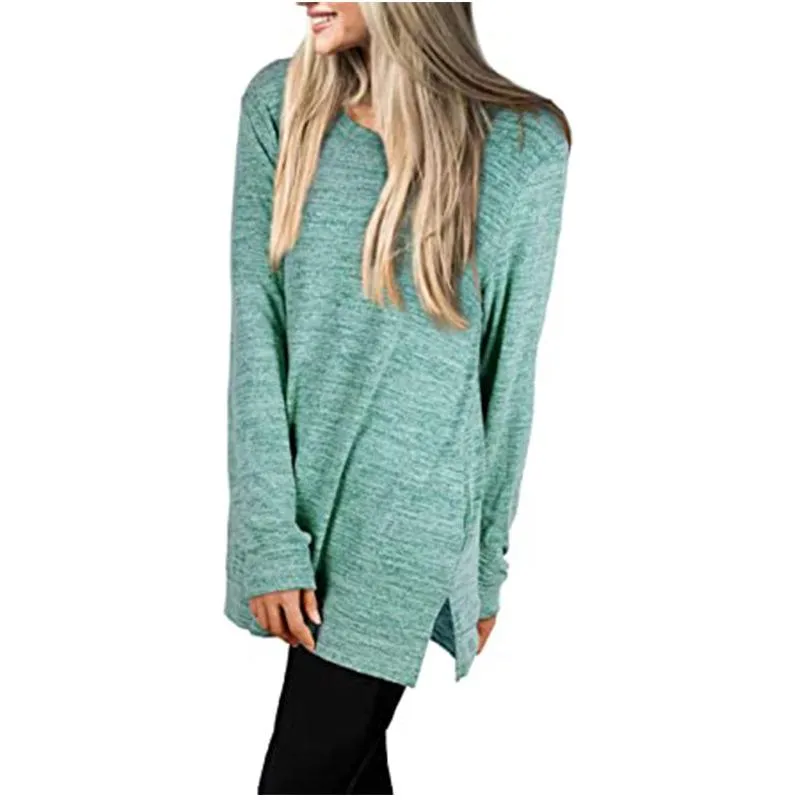 Women solid color mid-long slit hem pullover crewneck sweatshirt