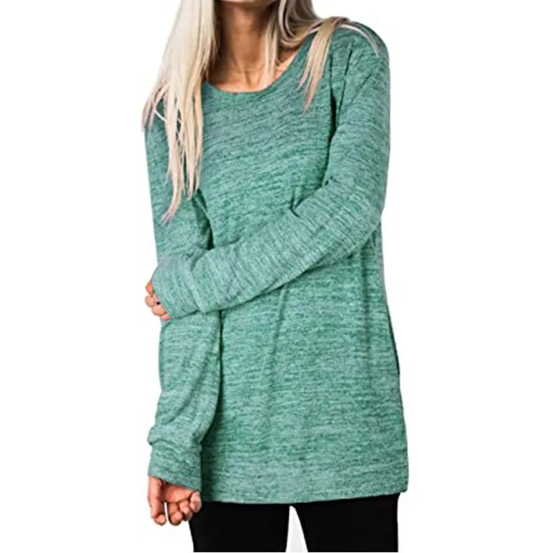 Women solid color mid-long slit hem pullover crewneck sweatshirt