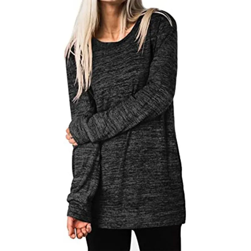 Women solid color mid-long slit hem pullover crewneck sweatshirt