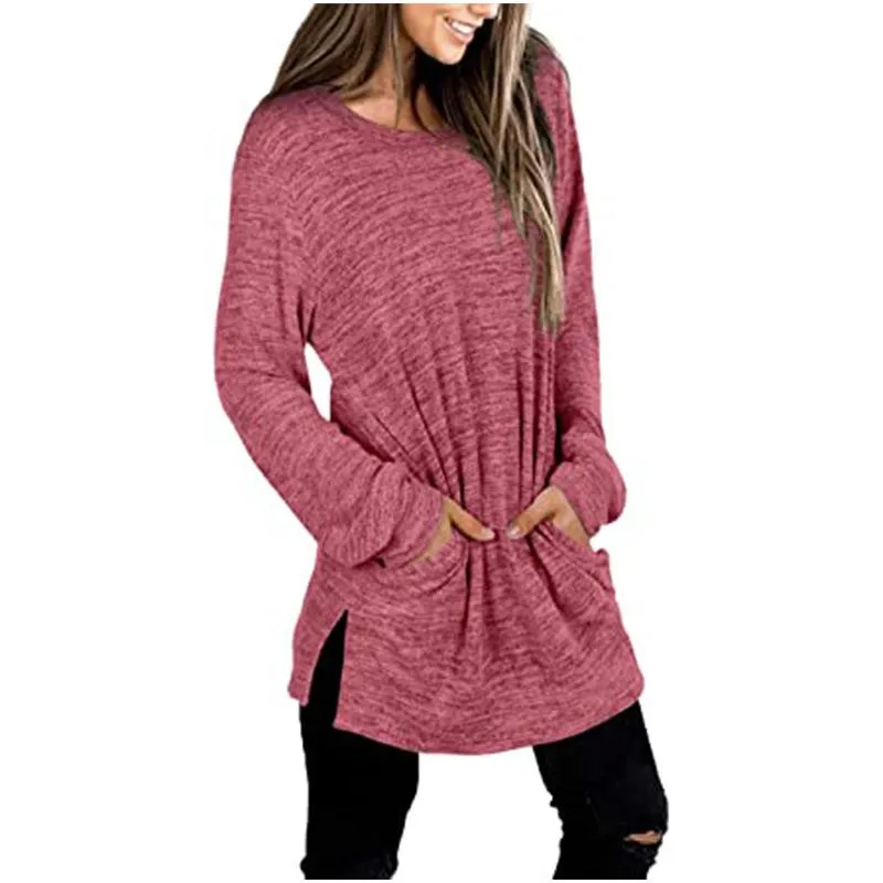 Women solid color mid-long slit hem pullover crewneck sweatshirt