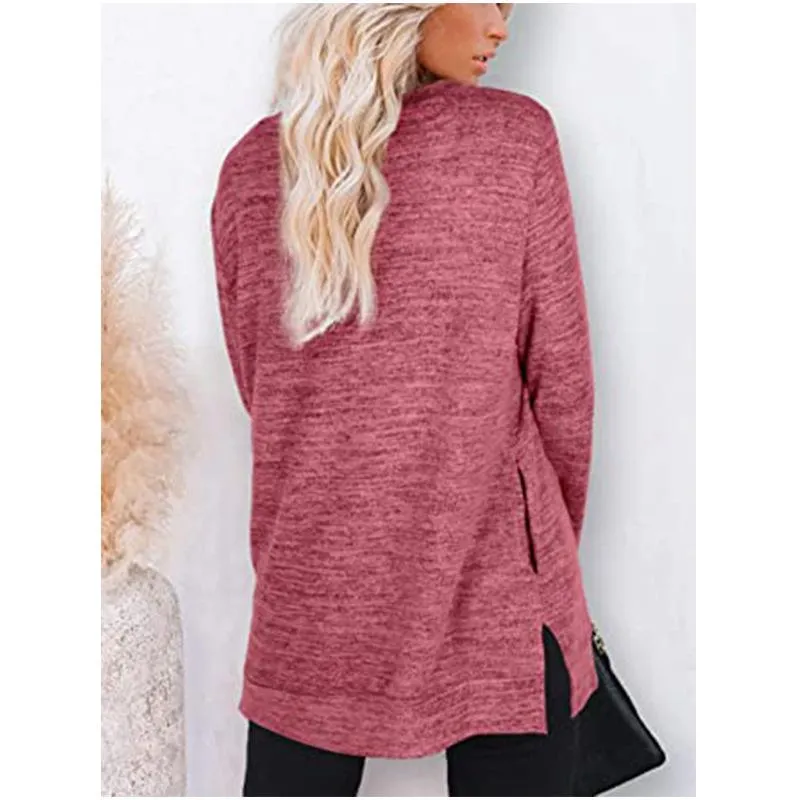 Women solid color mid-long slit hem pullover crewneck sweatshirt