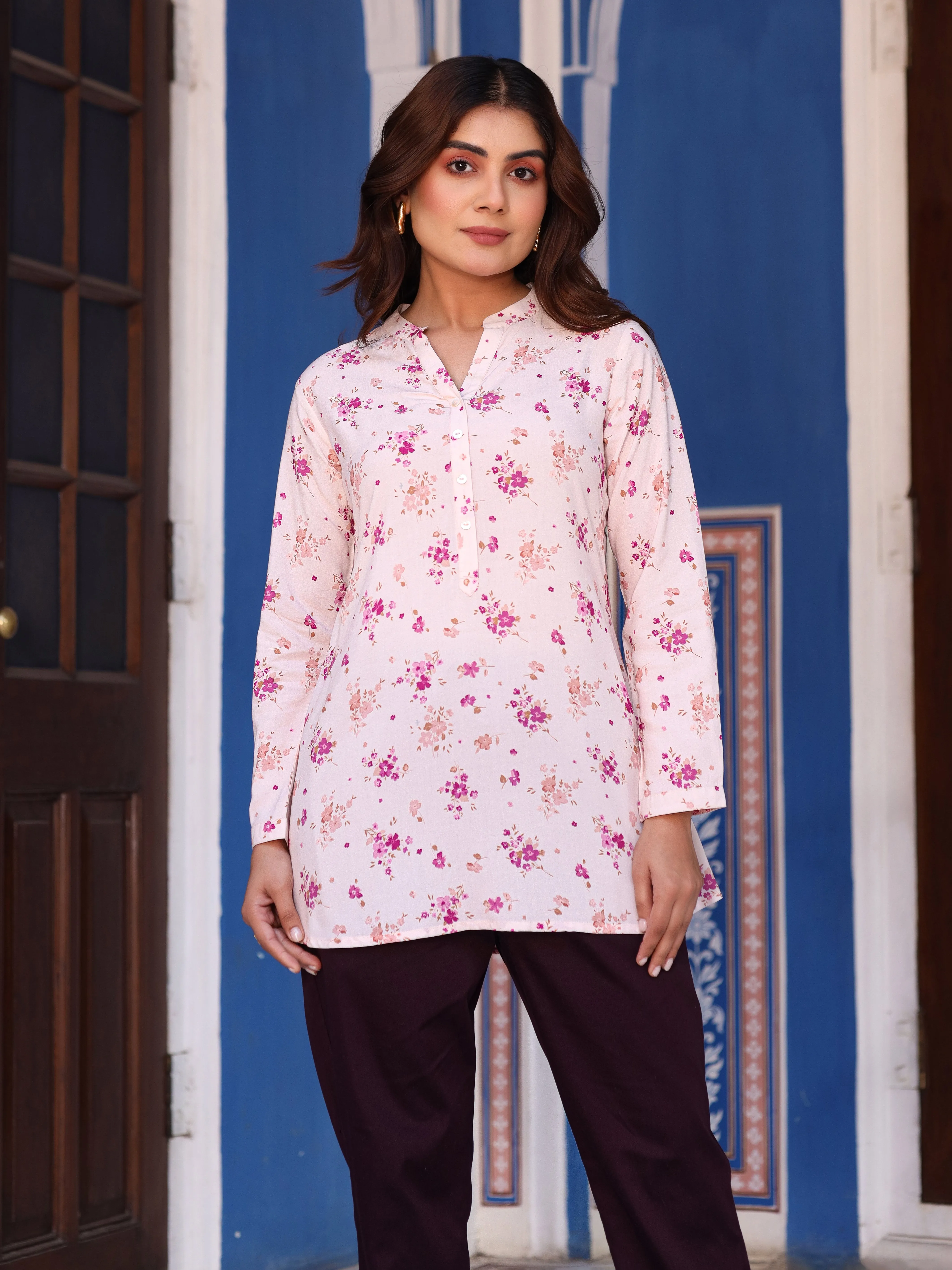 Women's Pink Floral Printed Liva Rayon Tunic